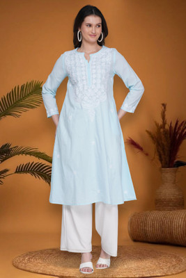 Handkari Women Chikan Embroidery A-line Kurta(Light Blue)