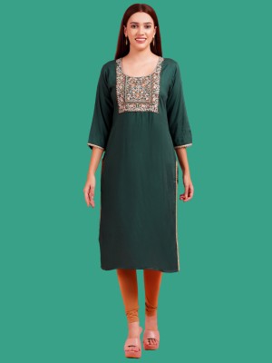 JC4U Women Embroidered Straight Kurta(Green)