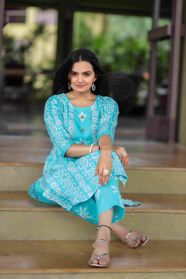 mayraa Women Printed A-line Kurta(Blue)