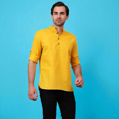 FireFish Men Solid A-line Kurta(Yellow)