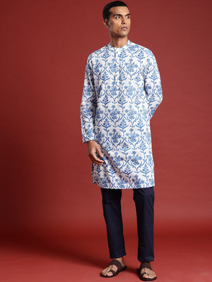 ANOUK Men Block Print Straight Kurta(Blue, White)