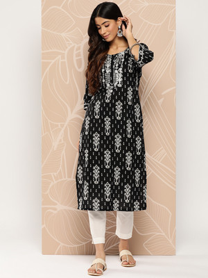 Deshopever Women Abstract Straight Kurta(Black)