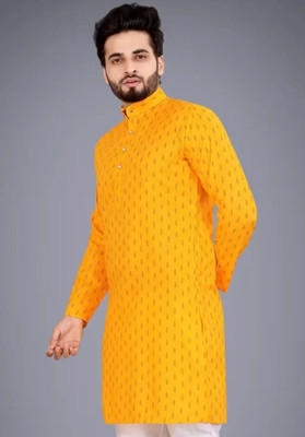 FRELURO Men Printed, Self Design Straight Kurta(Yellow)