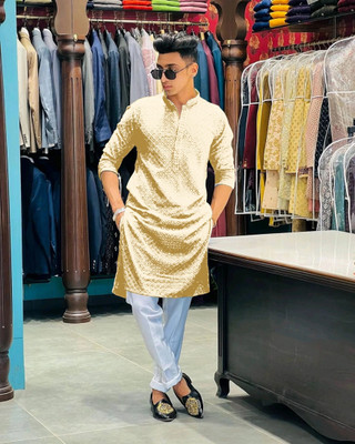 romj Men Chikan Embroidery Straight Kurta(Beige)