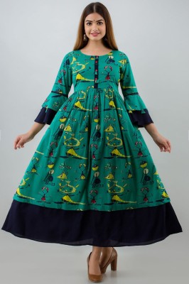 QSOF Women Printed Anarkali Kurta(Green)