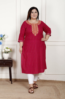 akritik Women Embroidered Straight Kurta(Red)