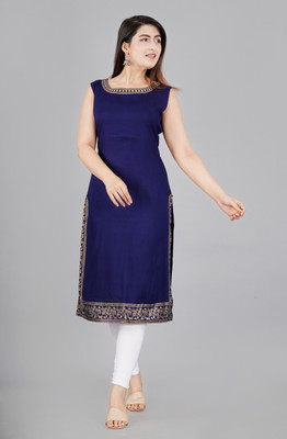 Brijam Women Printed Straight Kurta(Dark Blue)