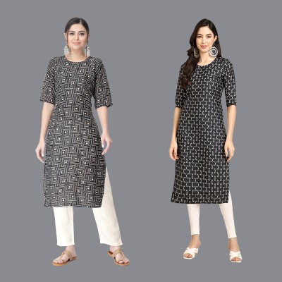 EthnicBasket Women Printed Straight Kurta(Black, Beige)