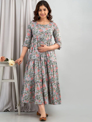 Shambhavi Creations Women Floral Print Anarkali Kurta(Grey)