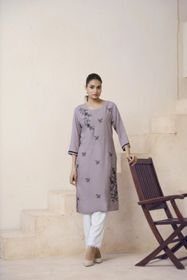 tckty Women Embroidered Straight Kurta(Grey)