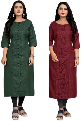 Vinhscape Women Embroidered Straight Kurta(Dark Green, Maroon)