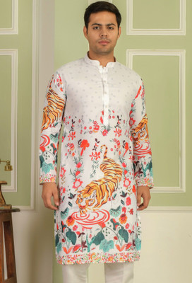BEXARIO Men Printed Straight Kurta(White)