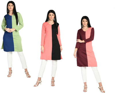 IndiWeaves Women Solid Straight Kurta(Green, Maroon, Pink)