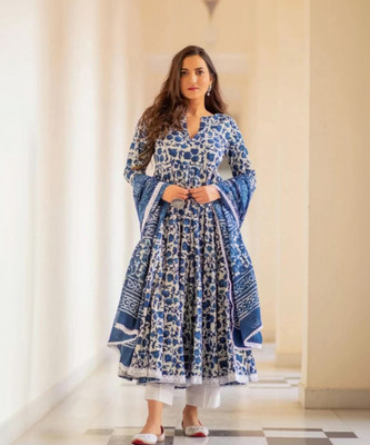 anuradha creation Women Embroidered Gown Kurta(Blue, White)