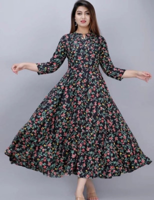 Kunj Creation Women Printed Anarkali Kurta(Black)