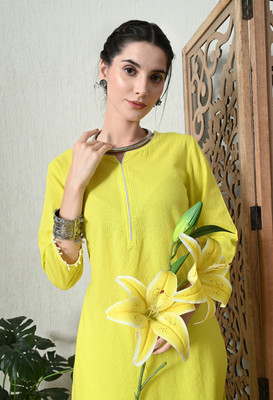 vidhani Women Self Design Straight Kurta(Yellow)