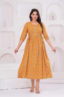 TREADMO Women Printed Anarkali Kurta(Yellow)