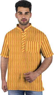 RA Collection Men Striped Straight Kurta(Yellow)
