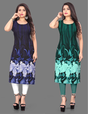 tanvi creation Women Floral Print Straight Kurta(Blue, Green)