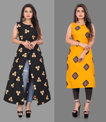 Modli 20 Fashion Women Printed Straight Kurta(Yellow, Black)
