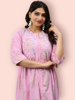 flexflow Women Printed Straight Kurta(Pink)