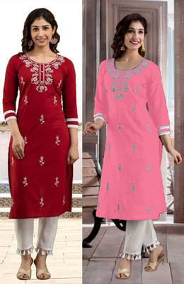 vikshi Women Embroidered Straight Kurta(Multicolor)