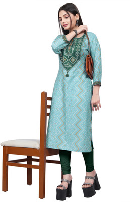 dhaari by unique creation Women Bandhani A-line Kurta(Light Blue)