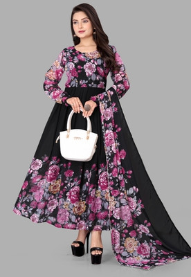 QUEUEE CREATION Women Floral Print Anarkali Kurta(Black)
