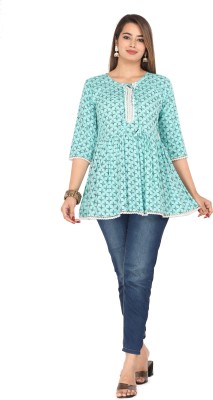 NANAK FEB Women Printed Flared Kurta(Light Blue, Black)