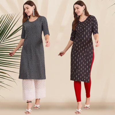 1 Stop Fashion Women Printed A-line Kurta(Dark Blue, White)