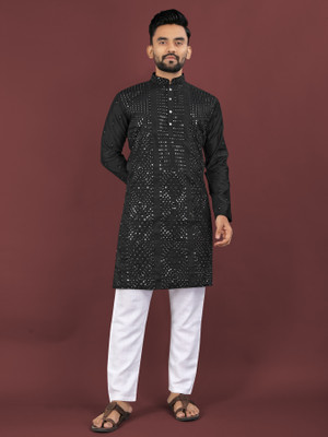 Arister Men Embellished Straight Kurta(Black)