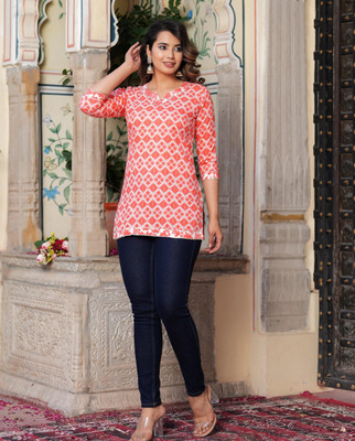 saloni creation Women Printed A-line Kurta(Orange)