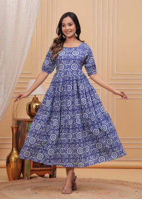Malia Fashion Women Printed Anarkali Kurta(Blue)