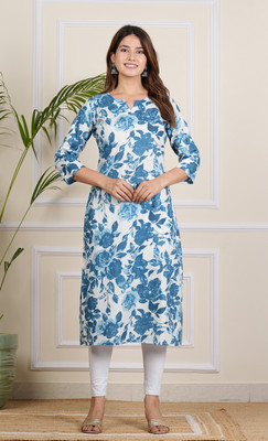 PROSUVINU Women Floral Print Straight Kurta(Blue)