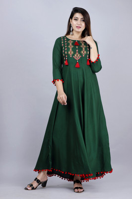 HouseOfCommon Women Embroidered Anarkali Kurta(Dark Green)