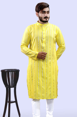 Tibra Collection Men Striped Straight Kurta(Orange)
