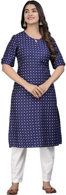 Lihimisu Women Geometric Print Straight Kurta(Dark Blue)