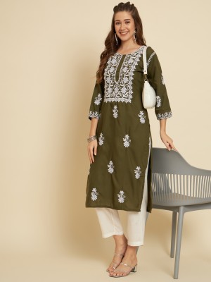 vairagee Women Embroidered Straight Kurta(Dark Green, White)