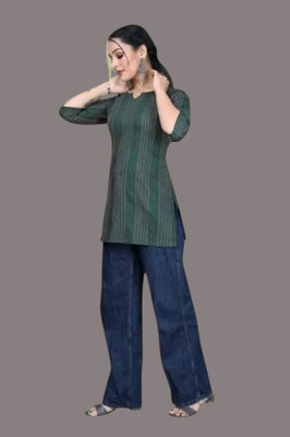 HouseOfCommon Women Striped Straight Kurta(Green)