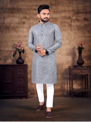 jaygigev Men Embroidered Straight Kurta(Grey)