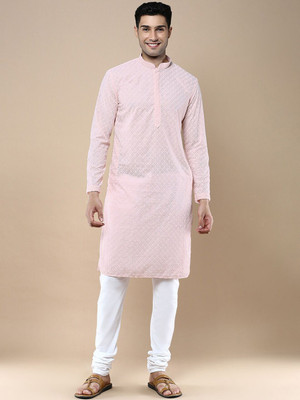 ANOUK Men Geometric Print Straight Kurta(Pink)