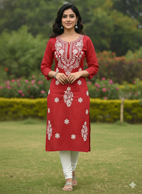 khamsahh Women Embroidered A-line Kurta(Red)