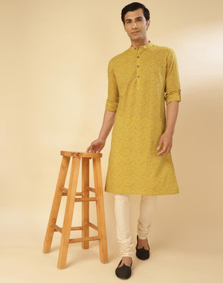 Fabindia Men Printed Straight Kurta(Yellow)