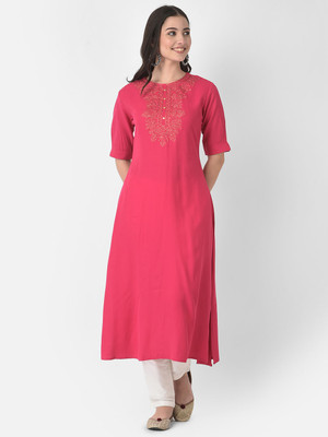 Span Women Self Design A-line Kurta(Pink)