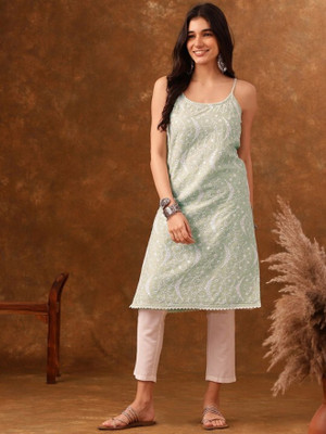 ANOUK Women Embroidered Straight Kurta(Green)