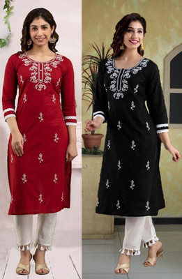 vikshi Women Embroidered Straight Kurta(Black, Red)