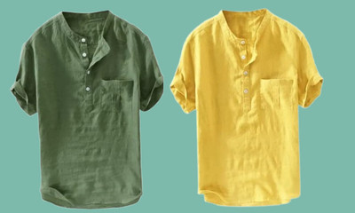 Super Westan Men Solid Straight Kurta(Yellow, Green)