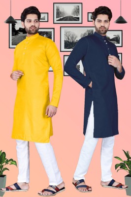 SURATILALA Men Solid Straight Kurta(Yellow, Blue)