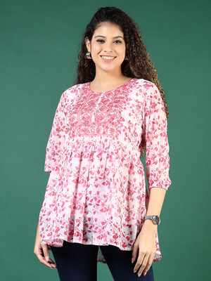 V-MART Women Printed A-line Kurta(Pink)