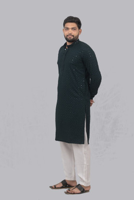 SONBAI Men Embroidered, Chikan Embroidery A-line Kurta(Dark Green)